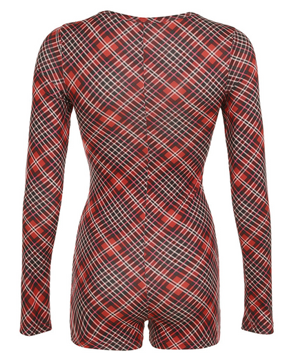 Velina Moda | Christmas Check Pattern V Neck Long Sleeve Jumpsuit Shorts