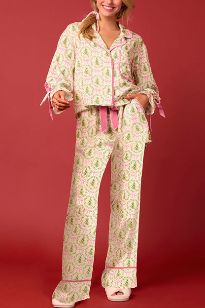 Velina Moda | Christmas Printed Velour Lacing Long Sleeve Pocket Top and Elastic Waist Pants Set