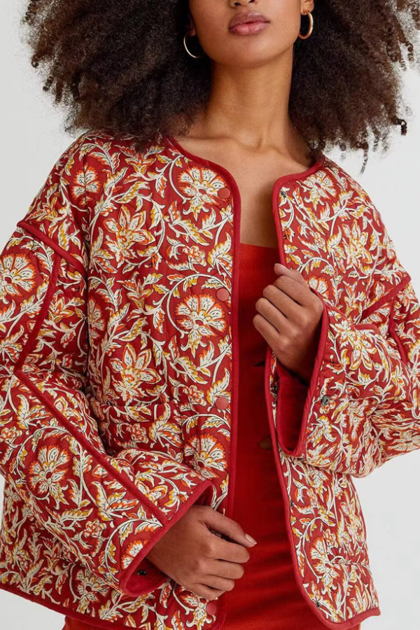 Velina Moda | Neck Floral Print Loose Quilted Cotton Jacket
