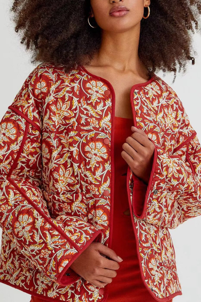 Velina Moda | Neck Floral Print Loose Quilted Cotton Jacket