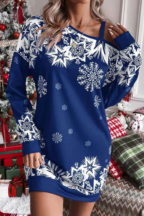 Velina Moda | Christmas Snowflake Cold Shoulder Loose Sweatshirt Mini Dress