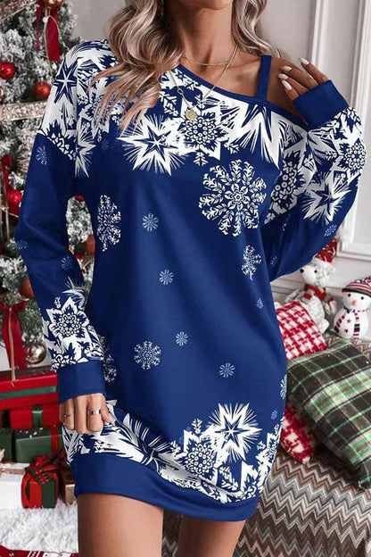 Velina Moda | Christmas Snowflake Cold Shoulder Loose Sweatshirt Mini Dress