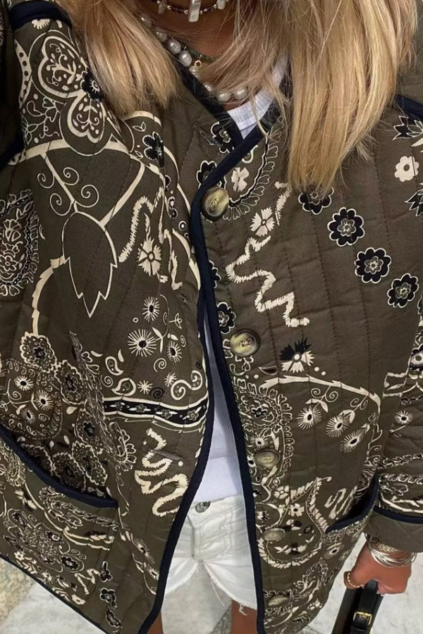 Velina Moda | Print Bags Casual Crew Neck Jacket