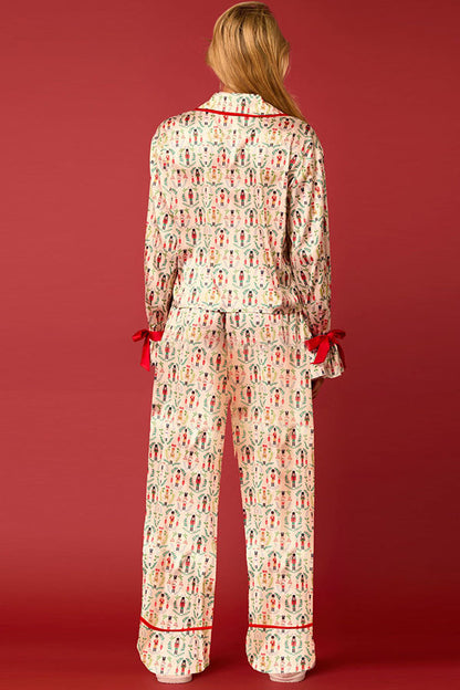 Velina Moda | Christmas Printed Velour Lacing Long Sleeve Pocket Top and Elastic Waist Pants Set