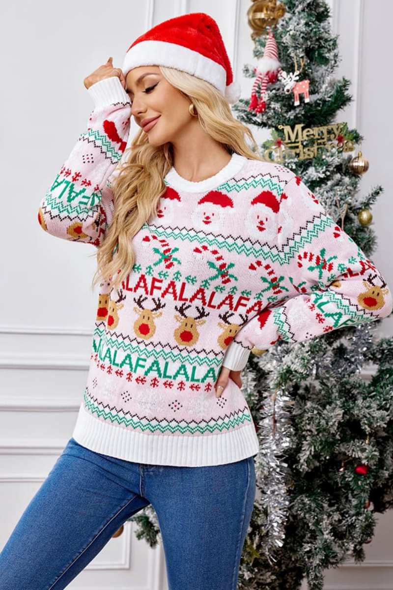 Velina Moda | Loose Fit Round Neck Christmas Cartoon Knit Sweater - Pink