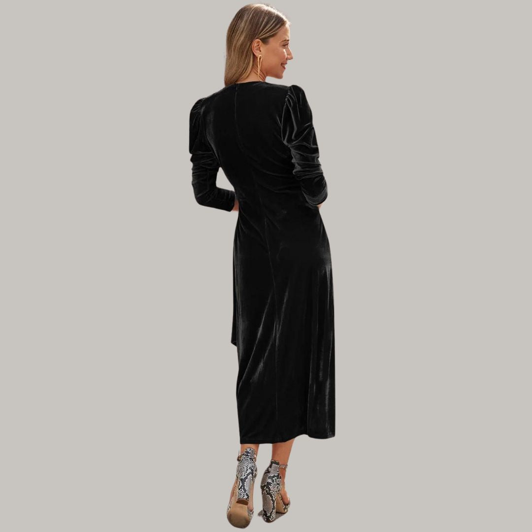 Long midi wrap dress in velvet with puff sleeves