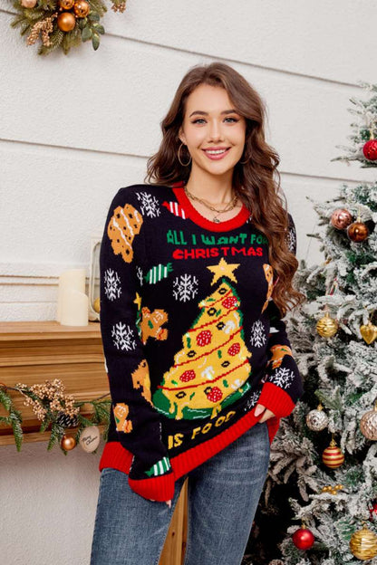 Velina Moda | Casual Crew Neck Sweater with Embroidered Christmas Tree