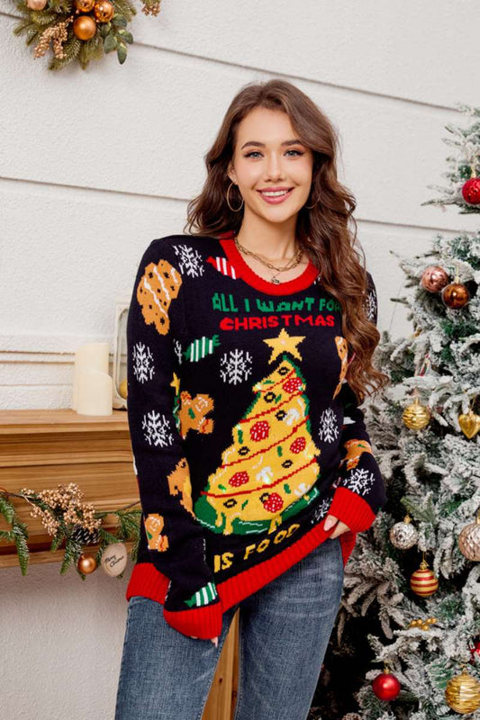 Velina Moda | Casual Crew Neck Sweater with Embroidered Christmas Tree