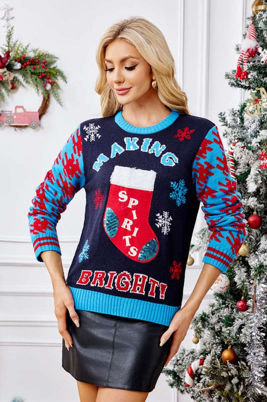 Velina Moda | Casual Christmas Socks Embroidery Sweater