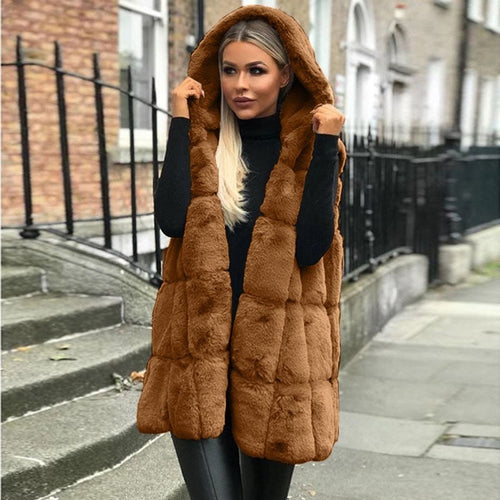 Aurora - women's long faux fur vest with hood