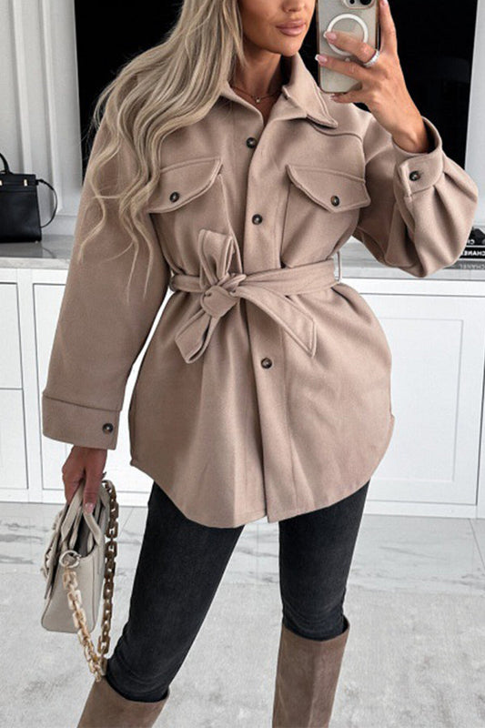 Velina Moda | Lacing Solid Color Bag Button Placket Long Sleeve Jacket