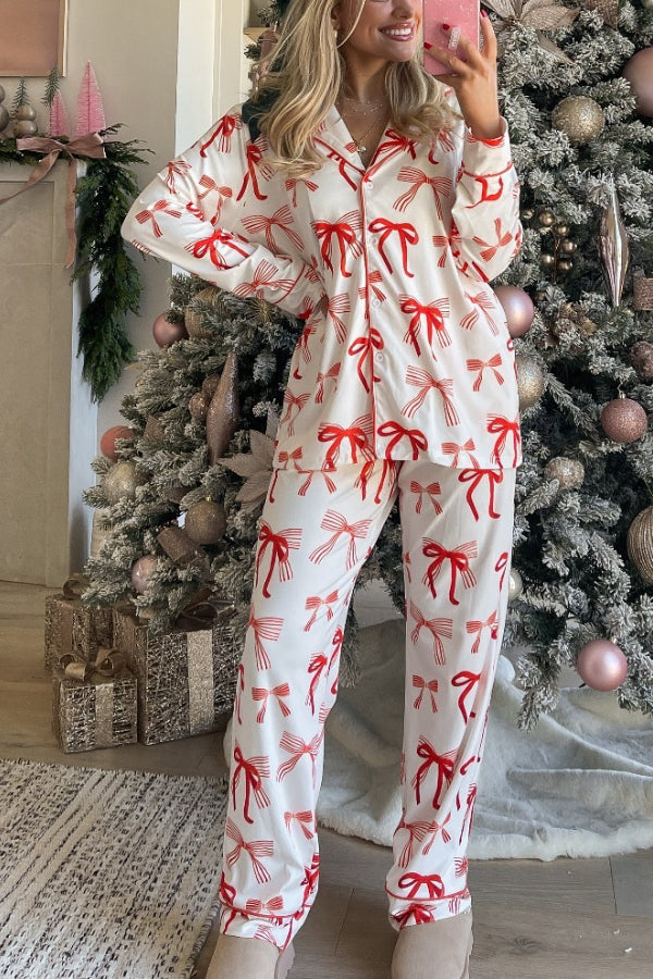 Velina Moda | Christmas Bow Print Long Sleeve Shirt and Elastic Waist Pocket Pants Set