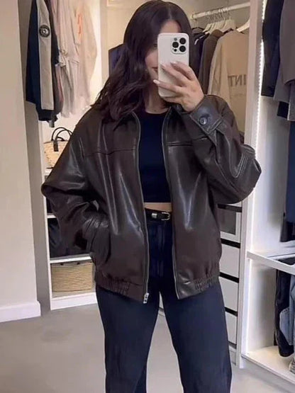 Velina Moda | Faux Leather Bomber Jacket