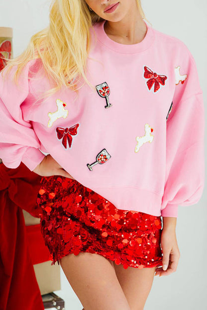 Velina Moda | Christmas Bow Wine Glass Sequins Loose Long Sleeve Sweatshirt
