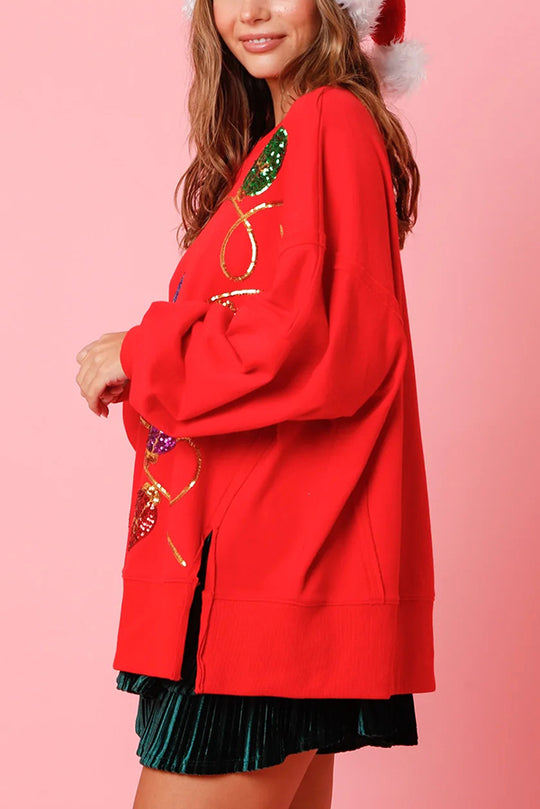 Velina Moda | Christmas Lights Sequins Slit Pullover Sweatshirt