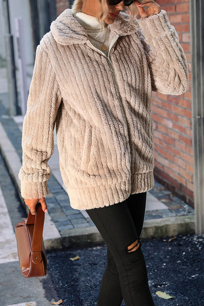 Velina Moda | Collar Zipper Long Sleeve Solid Mid-Length Reversible Plush Jacket