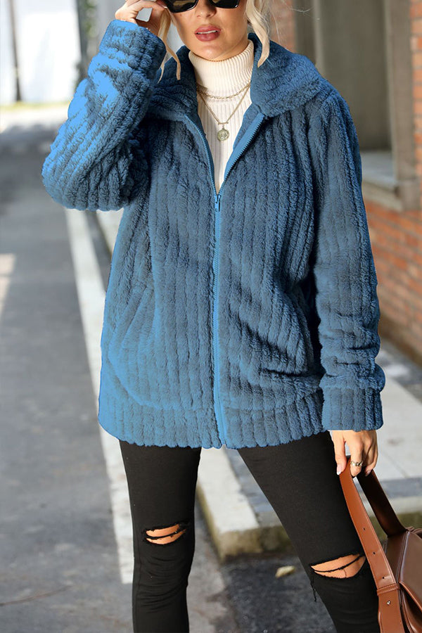 Velina Moda | Collar Zipper Long Sleeve Solid Mid-Length Reversible Plush Jacket