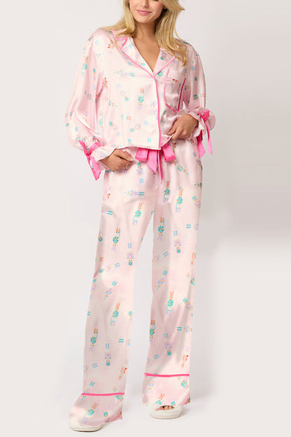 Velina Moda | Christmas Printed Velour Lacing Long Sleeve Pocket Top and Elastic Waist Pants Set