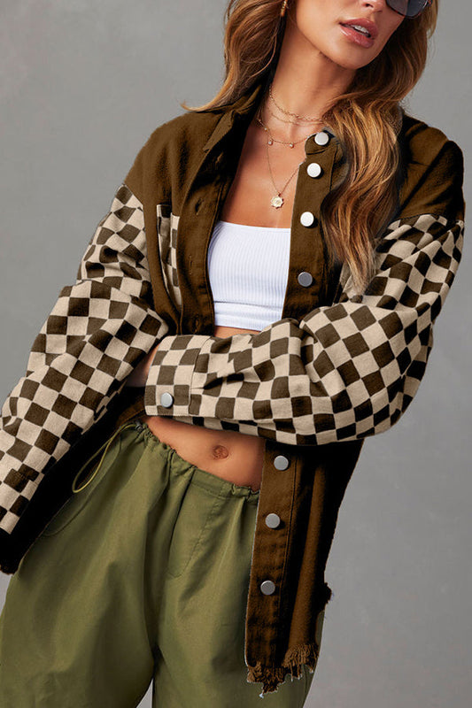 Velina Moda | Loose Casual Checked Contrasting Raw Edge Denim Jacket