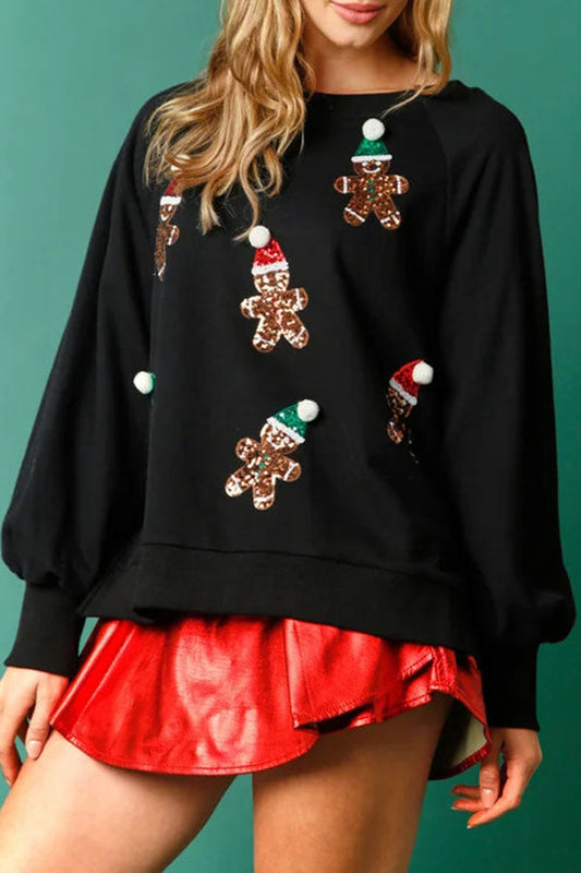 Velina Moda | Christmas Gingerbread Man Sequins Long Sleeve Sweatshirt