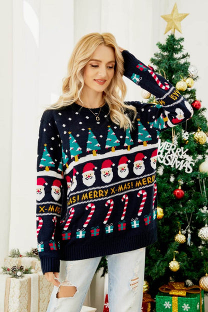 Velina Moda | Round Neck Loosely Fitting Christmas-Themed Knit Sweater