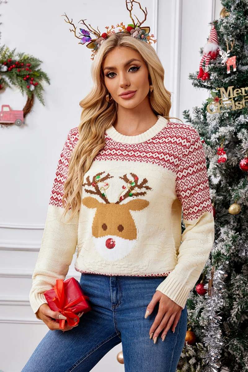 Velina Moda | Christmas Round Neck Embroidered Knit Sweater