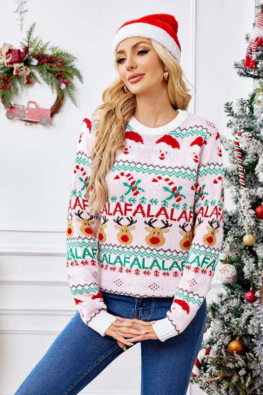 Velina Moda | Loose Fit Round Neck Christmas Cartoon Knit Sweater - Pink