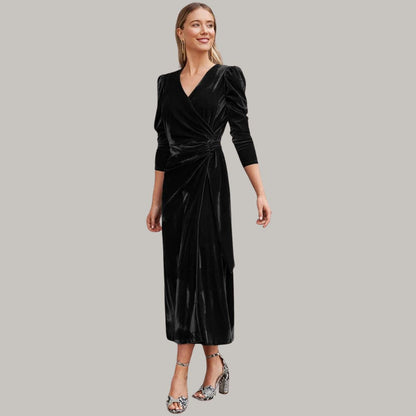 Long midi wrap dress in velvet with puff sleeves