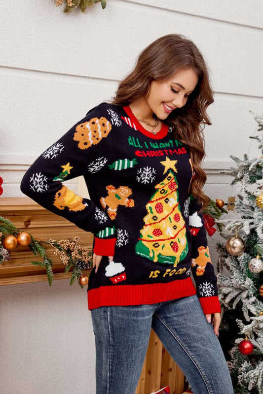 Velina Moda | Casual Crew Neck Sweater with Embroidered Christmas Tree