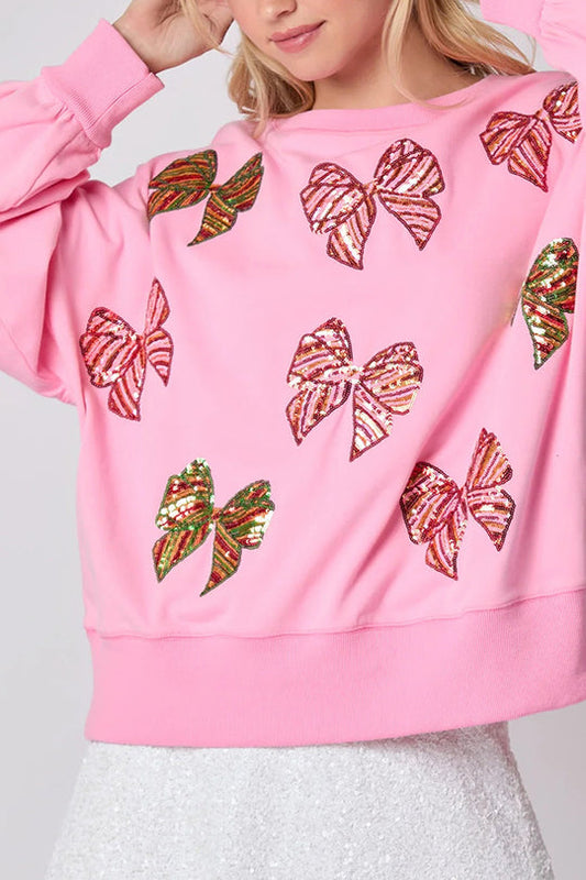 Velina Moda | Christmas Bow Sequin Loose Casual Long Sleeve Sweatshirt