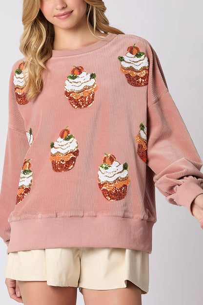 Velina Moda | Christmas Pumpkin Cake Sequins Round Neck Loose Sweatshirt
