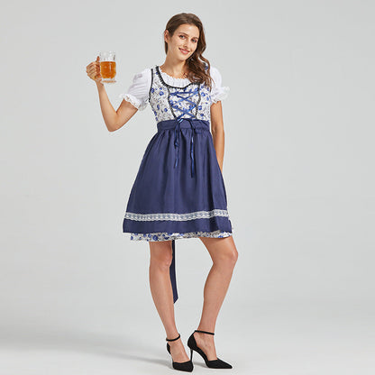 Navy blue dirndl with floral embroidery and bow at the front
