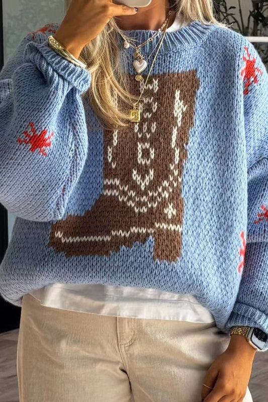 Velina Moda | Christmas Knit Boots Round Neck Long Sleeve Sweater