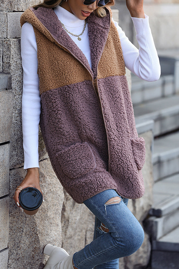 Velina Moda | Sleeveless Colorblock Pocketless Mid-Length Cardigan Puff Velour Jacket