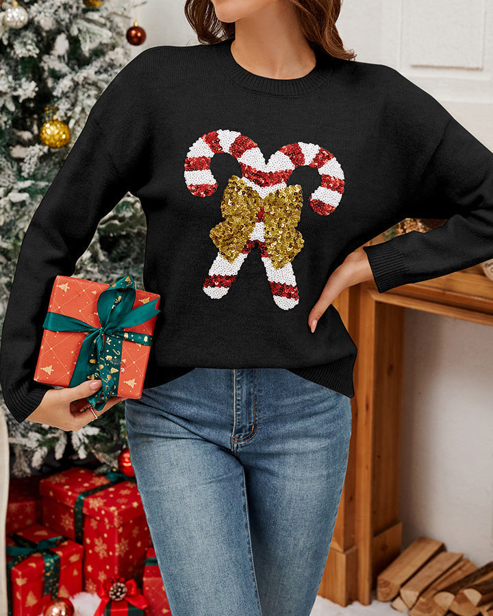 Velina Moda | Christmas Candy Cane Bow Sequins Sweater