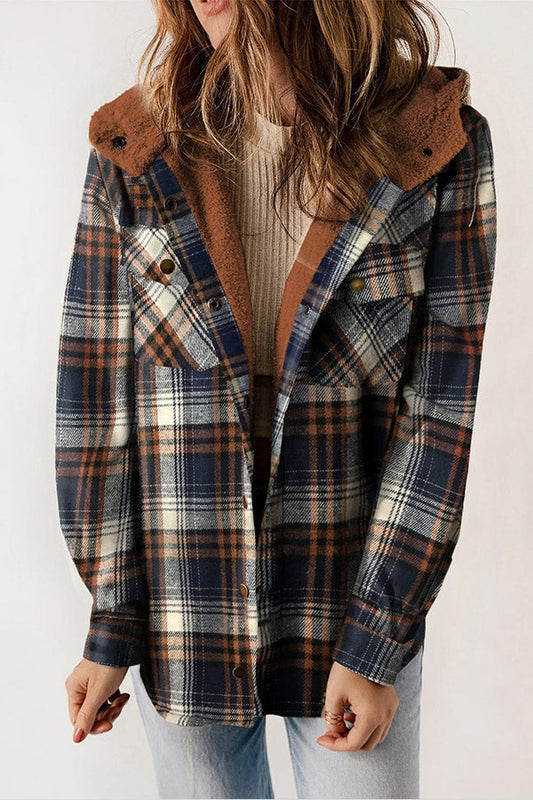 Velina Moda | Button Sherpa Lined Hooded Flannel Jacket