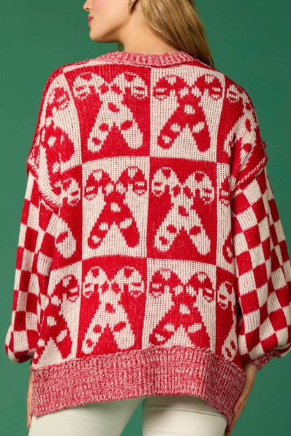 Velina Moda | Christmas Candy Check Round Neck Long Sleeve Loose Knit Sweater
