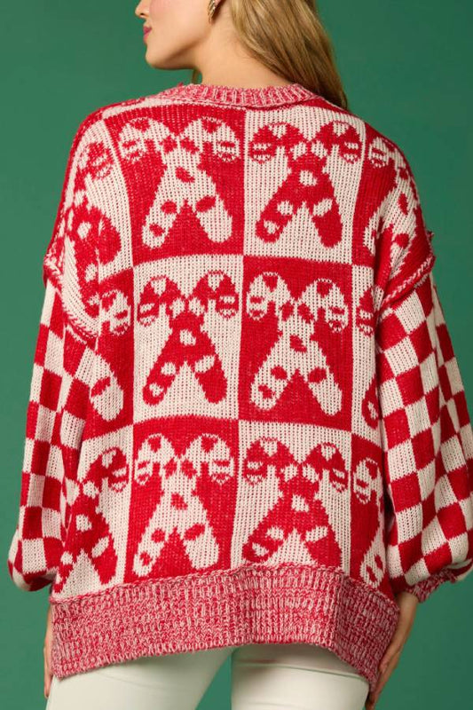 Velina Moda | Christmas Candy Check Round Neck Long Sleeve Loose Knit Sweater