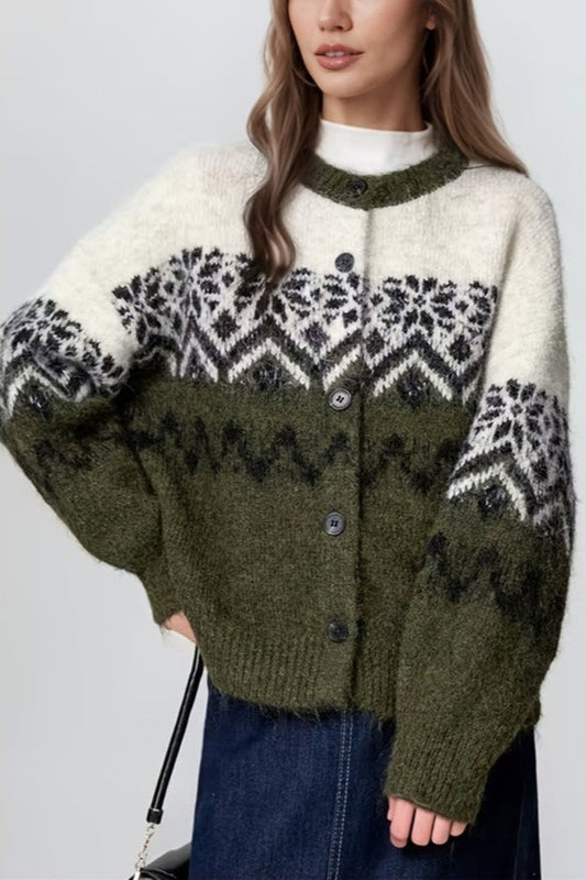 Velina Moda | Retro Nordic Christmas Snowflake Jacquard Cardigan