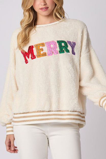 Velina Moda | Christmas Letters Rhinestone Long Sleeve Round Neck Sweatshirt