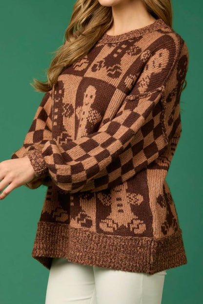 Velina Moda | Christmas Gingerbread Man Crew Neck Long Sleeve Loose Knit Sweater