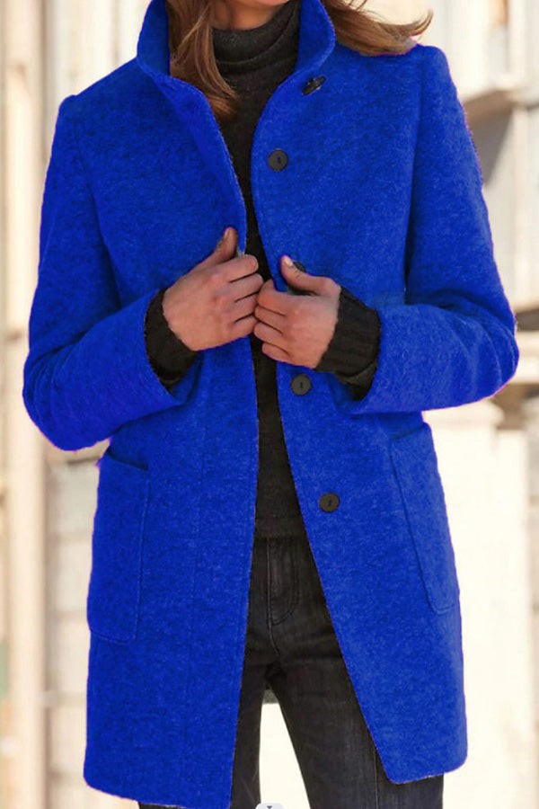 Velina Moda | Solid Color Button Stand Collar Wool Jacket
