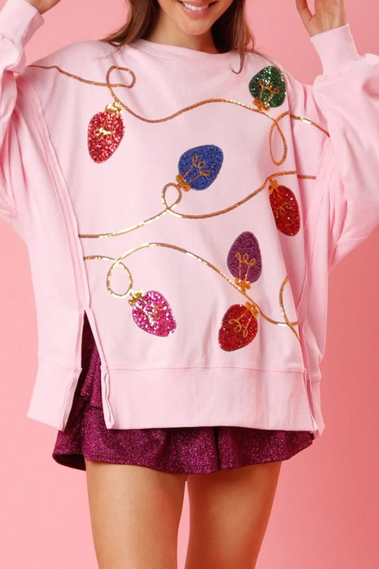Velina Moda | Christmas Lights Sequins Slit Pullover Sweatshirt
