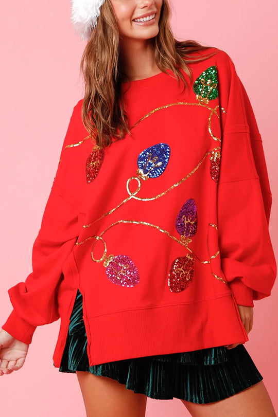 Velina Moda | Christmas Lights Sequins Slit Pullover Sweatshirt