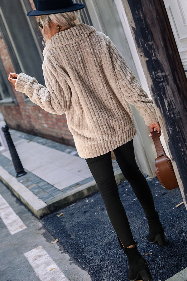 Velina Moda | Collar Zipper Long Sleeve Solid Mid-Length Reversible Plush Jacket