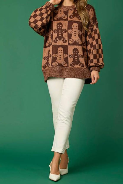 Velina Moda | Christmas Gingerbread Man Crew Neck Long Sleeve Loose Knit Sweater