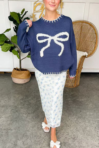 Velina Moda | Christmas Bow Contrast Color Included Edge Long Sleeve Knitted Sweater