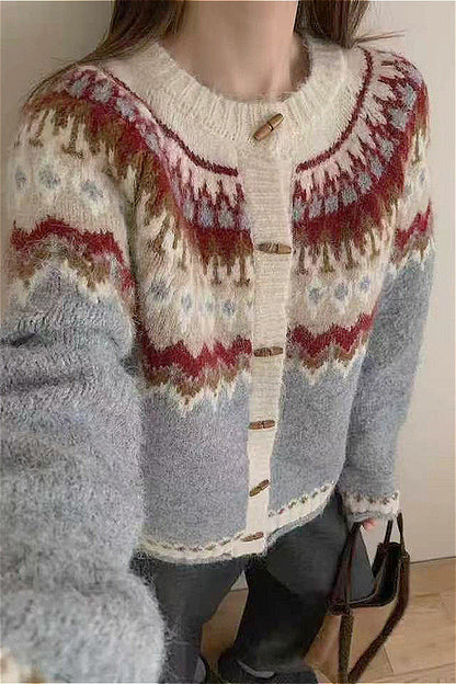 Velina Moda | Round Neck Fair Isle Christmas Horn Button Cardigan
