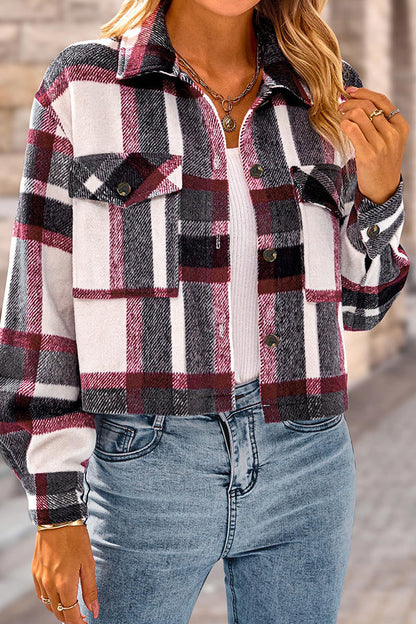 Velina Moda | Pocket Fashion Casual Cropped Women'S Checkered Jacket