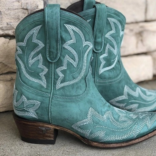 Aquaria – Turquoise cowboy boots with artisanal embroidery and low wooden heel